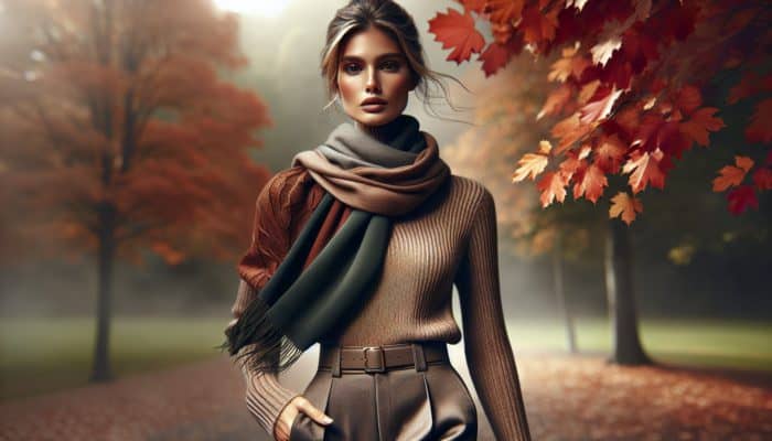 A stylish woman in an autumn park, wearing a layered silk scarf, wool sweater, and trousers in rust and olive tones.