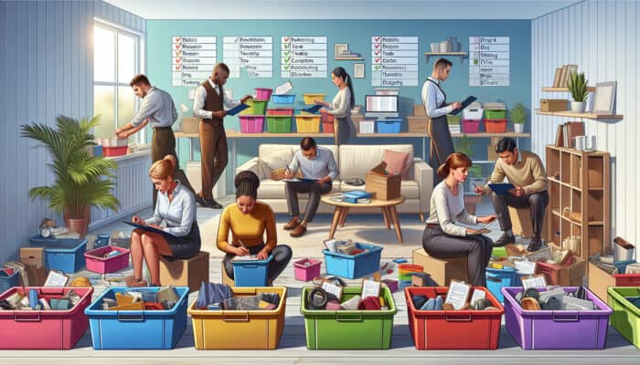 Professional organizers in a sunlit, cluttered living room sorting items into colour-coded bins labelled keep, sell, donate, dispose, using a checklist.