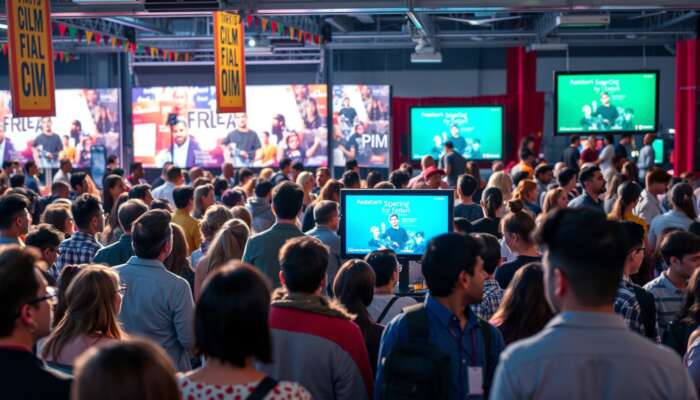 A lively film festival scene with a diverse audience watching films on large screens, surrounded by colorful banners, while filmmakers network and discuss their projects in the background.