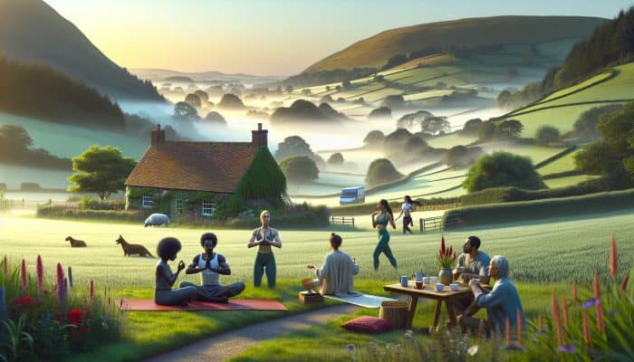 Serene UK landscape at dawn: diverse group practicing yoga in misty fields, walking coastal paths, and sipping herbal tea in a cozy cottage.