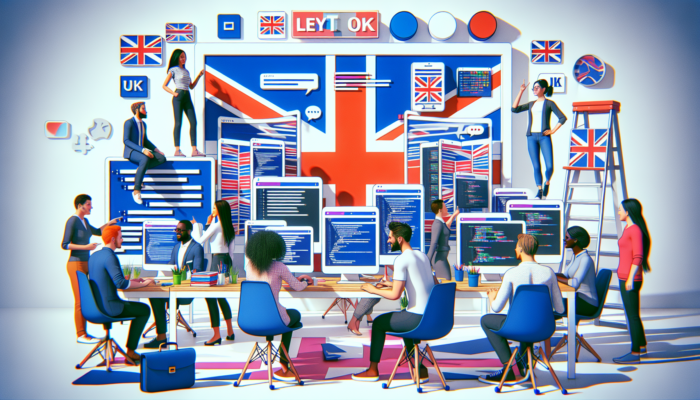 Bustling London web design office with diverse British developers collaborating on e-commerce and informational sites, featuring Union Jack motifs for accessibility.