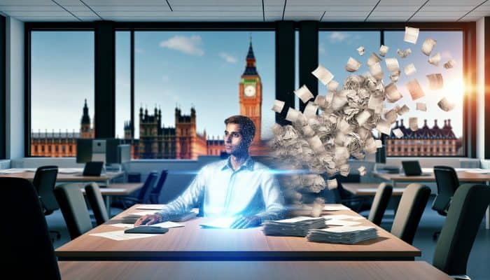 Debt Consolidation After Bankruptcy Discharge | DCL Debt Consolidation After Bankruptcy Discharge: A relieved person in a modern UK office, surrounded by fading crumpled debt letters merging into a glowing loan document, with Big Ben in the background.