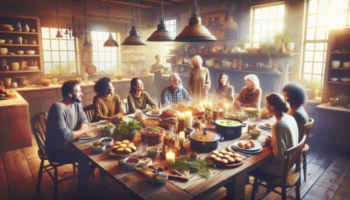 Cozy kitchen scene with friends around a rustic table, sharing tips on comfort foods like casseroles and soups in warm lighting.