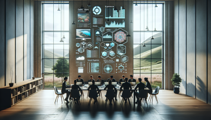 Diverse ecommerce team in a modern Frome office, gathered around a table with laptops showing online stores, code, charts, and hill views.