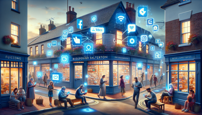 Bustling street in Budleigh Salterton with a vibrant e-commerce shop, glowing social media icons; locals viewing targeted ads and videos on smartphones.