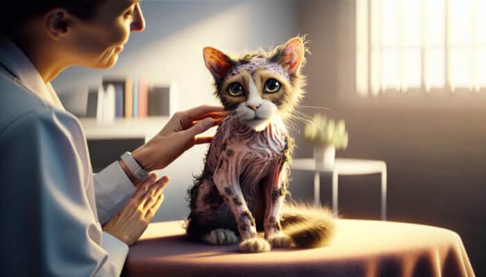 A rescue cat with stress-induced bald patches and matted fur is gently groomed by its owner in a cozy, sunlit room.