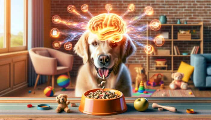 A curious golden retriever consuming brain-boosting supplements, with glowing neural networks from its head, in a sunny home surrounded by toys.