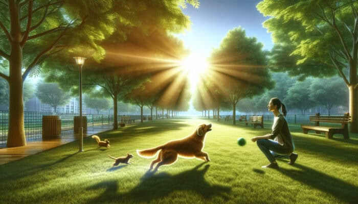 Pet owner observes an engaged dog fetching a ball in a sunny park, showcasing improved involvement from brain supplements, with trees and squirrels nearby.
