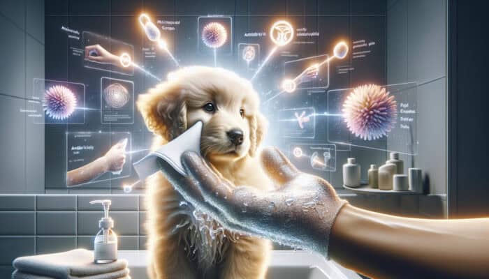 A fluffy golden retriever puppy is gently cleaned with glistening hygiene wipes in a bright bathroom, removing dirt and leaving fur fresh.