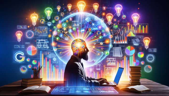 Digital workspace with SEO expert analyzing metrics graphs, user feedback, glowing world map, balanced scales, books, and light bulbs.