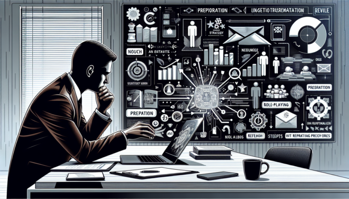 A determined professional in a modern office reviews negotiation tactics on a laptop, surrounded by strategy charts, documents, and a whiteboard outlining preparation steps.