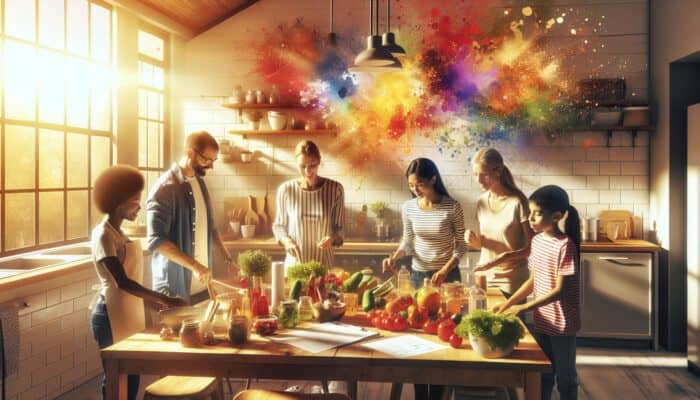 A diverse family in a sunlit kitchen reviews a weekly meal plan and arranges fresh ingredients together.