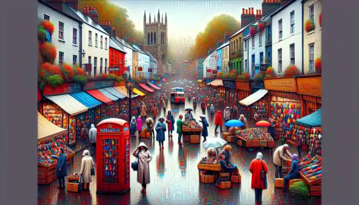 A bustling UK high street, featuring diverse shoppers examining colourful gloves in shops and markets, with iconic red telephone booths and Big Ben in the background.