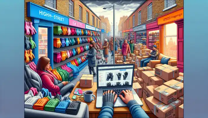 A vibrant Luton store showcasing an array of colourful gloves with shoppers trying various sizes, contrasted by a home scene of online shopping and delivery boxes.