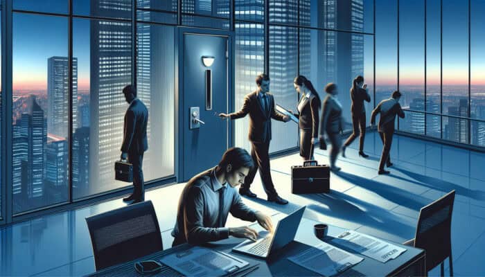 Modern office building at dusk with workers changing locks and installing surveillance cameras, as a manager reviews insurance documents.