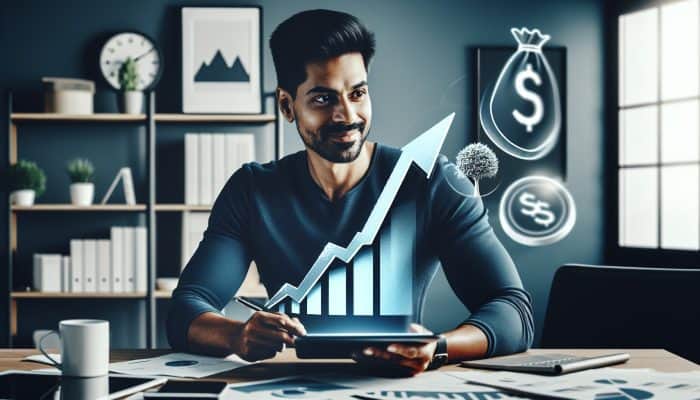 Consolidating Debt After an IVA Finishes: Key Strategies | DCL Confident individual in a modern home office reviews an upward-trending credit score on a tablet, surrounded by broken chains and green dollar signs symbolising financial freedom.