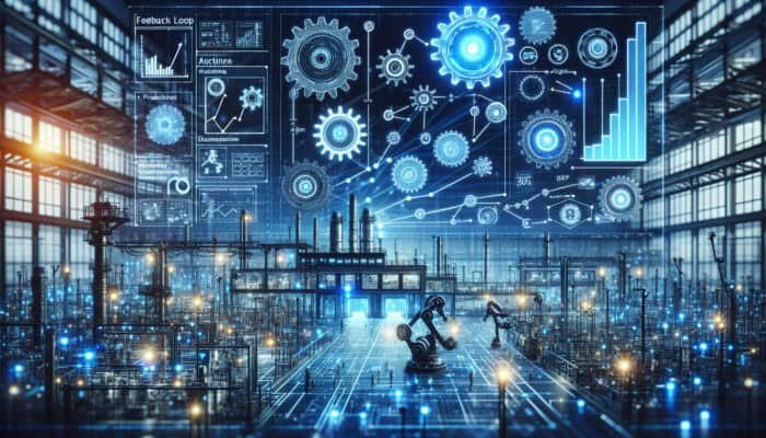 Dynamic factory illustration showing gears, circuits, and robots in a feedback loop optimising operations with blue lights and rising graphs.