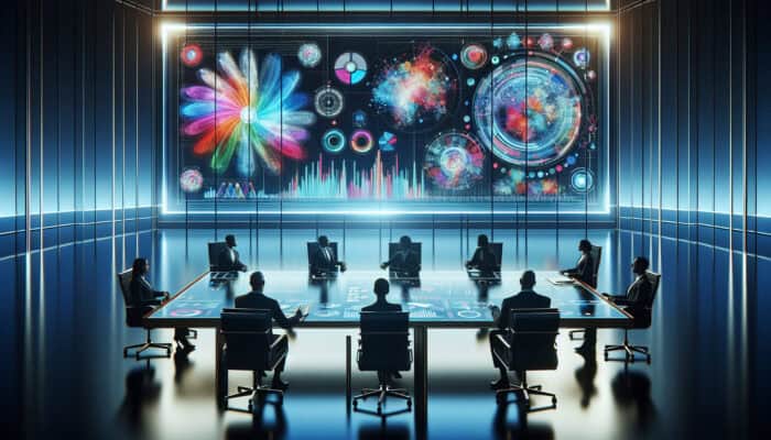 Futuristic digital dashboard in a corporate boardroom displaying revenue charts, efficiency graphs, and satisfaction scores with analysts under blue lighting.