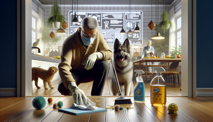 Owner in gloves cleans pet mess on kitchen floor with eco-friendly products, as dog and cat watch.