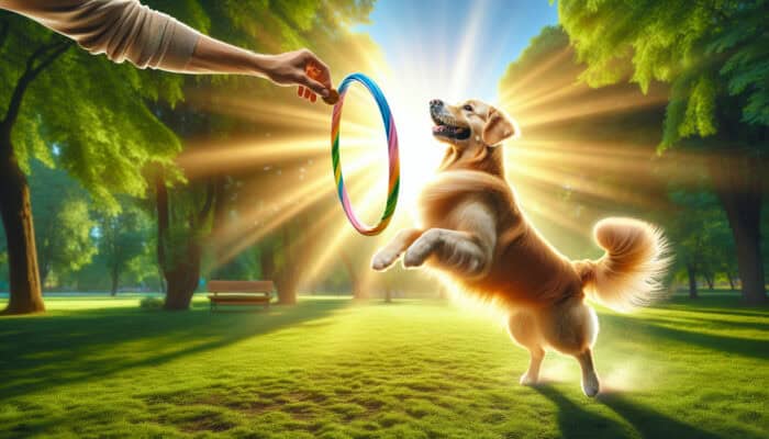 A confident golden retriever jumping through a vibrant hoop in a sunlit park, with its smiling owner offering a treat.