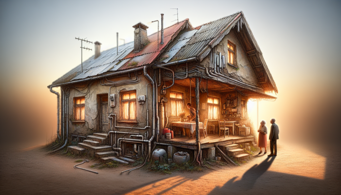 Weathered older home in Vanderbijlpark with sagging roof, rusted plumbing, and exposed wires; surprised buyer inspects cracked interior in sunlight.