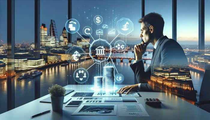 A financial advisor in a modern London office examines credit cards and mortgage documents amid glowing debt charts.