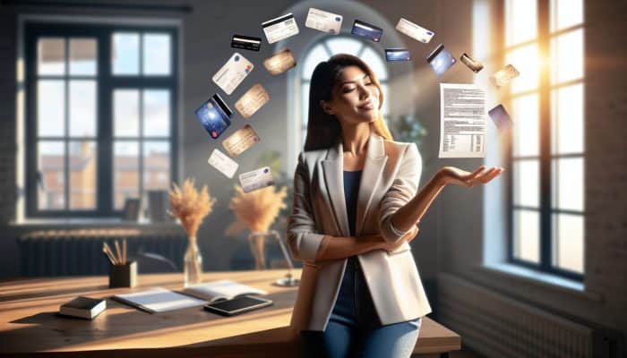 Debt Consolidation for Store Card Balances: Key Tips | DCL A relieved UK professional in a modern London office smiles confidently while holding a loan document, with fading store card bills symbolising simplified debt management.