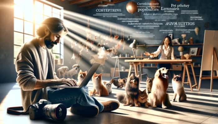 A determined photographer in a sunlit studio reviews pet workshop options on a laptop, surrounded by dogs and cats, as an instructor demonstrates camera techniques.