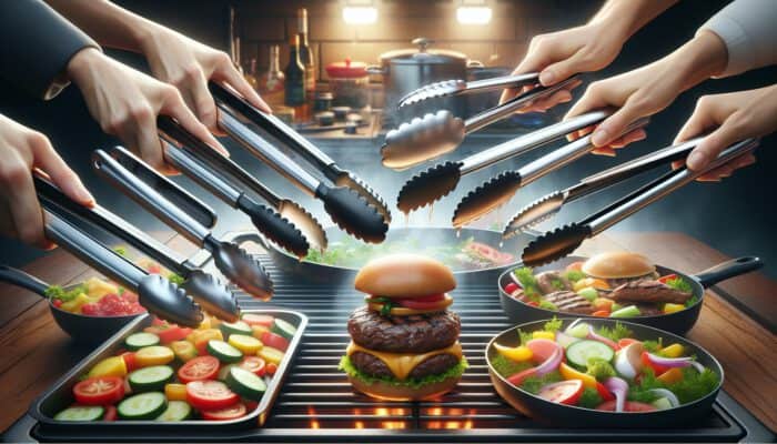 Top Kitchen Tongs for Every Task: Kitchen scene: Shiny stainless steel tongs grip a sizzling burger on a grill, silicone tongs lift food from a non-stick pan, and plastic tongs serve a fresh salad.