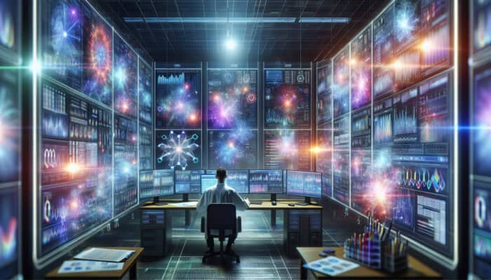 A scientist in a modern lab analyzes complex data on multiple screens with vibrant graphs from statistical software.