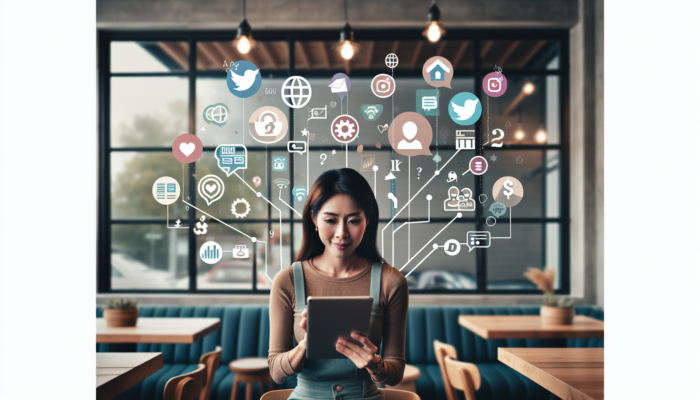 A small business owner in a cosy café manages social media on a tablet, with Twitter and Instagram icons, rising graphs, and growing customer lines.