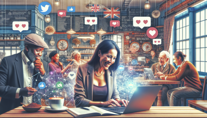 Small UK business owner in Bridgwater manages social media on a laptop in a cosy café, engaging diverse customers online.