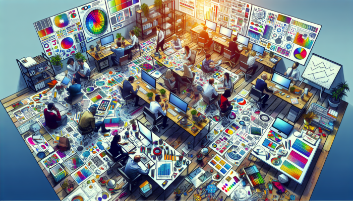 Creative professionals collaborate on digital screens, sketching logos, developing websites, and using colourful prototypes.