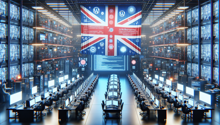 WordPress experts updating sites on screens with code and security shields under a Union Jack banner.