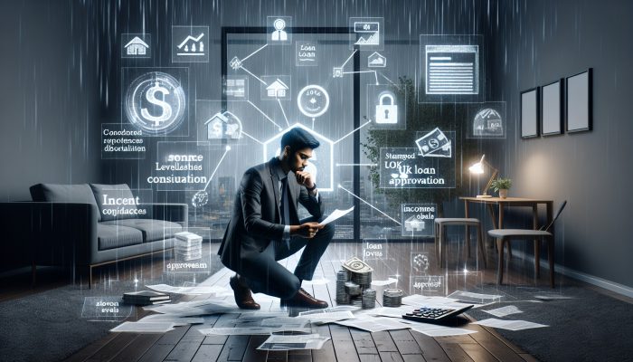 Student Loan Debt Consolidation Options: Best Choices | DCL A determined young professional in a rainy London flat reviews student loan documents surrounded by income graphs, calculators, and stamped approval forms.