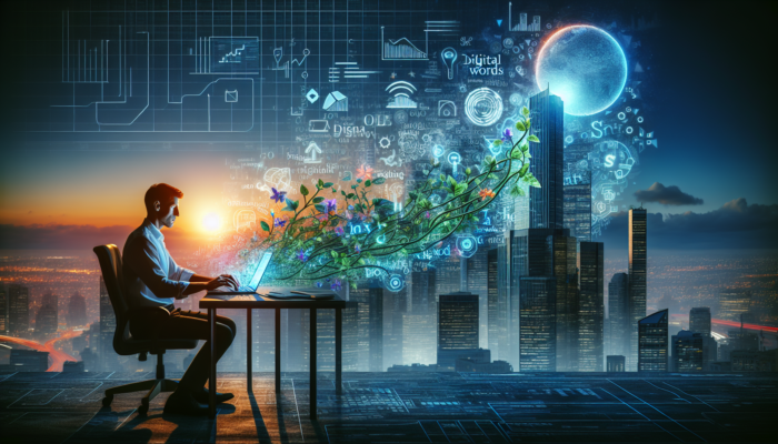 A content creator types on a glowing laptop at a desk, with digital words transforming into green vines around a growing skyscraper in a bustling city at dawn.