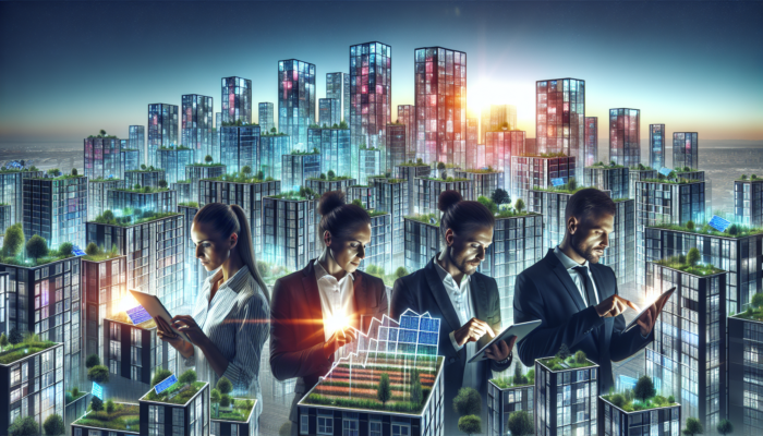 Urban skyline with modern mid-level apartments featuring solar panels, green spaces, and investors reviewing blueprints and stock graphs on tablets.