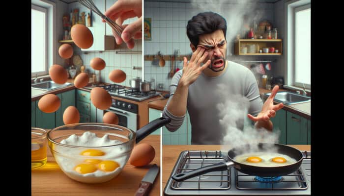 A frustrated cook over-mixes eggs in a cluttered kitchen bowl, while eggs stick to an unheated pan, illustrating common preparation errors.