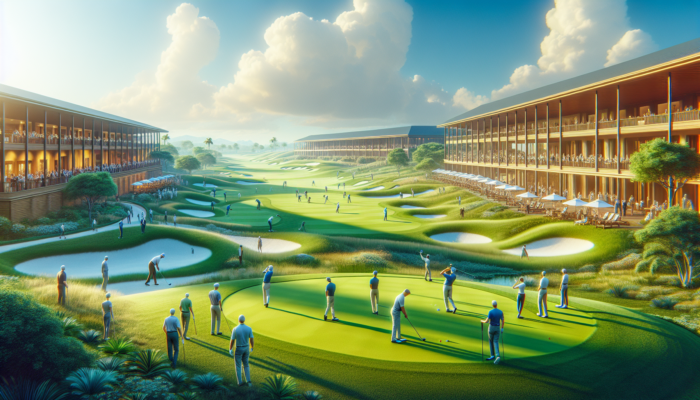 Vibrant scene at Westlake Golf Club: members teeing off on a lush course under sunny skies, socialising in an elegant clubhouse.