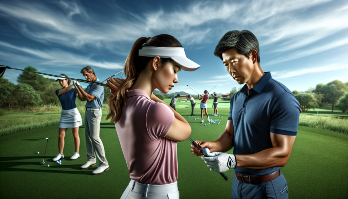 A professional golf coach demonstrates swing mechanics to a focused player on a lush fairway, with others practicing under a blue sky.
