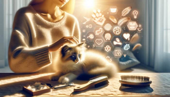 A beginner owner gently brushes a fluffy kitten's soft fur in a sunlit, cozy room, with a comb nearby for weekly grooming.