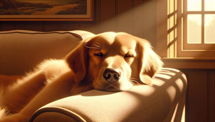A golden retriever dog lounges lazily on a sunlit couch, eyes half-closed in contentment, symbolising post-neutering lethargy.