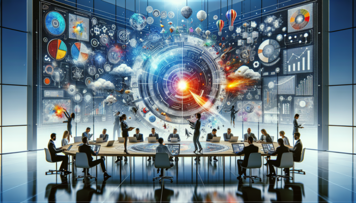 Illustration of WordPress design process: Experts in a modern office consulting, reviewing hosting, implementing designs, testing websites, and launching with digital fireworks.