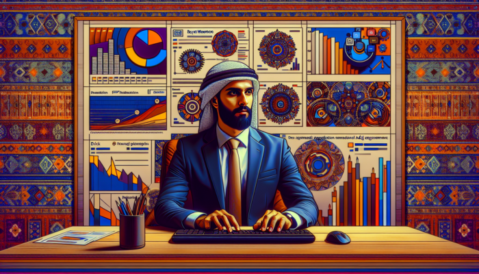 A focused entrepreneur in a Royal Wootton Bassett office reviews digital ad metrics on a screen, surrounded by performance charts and posters.