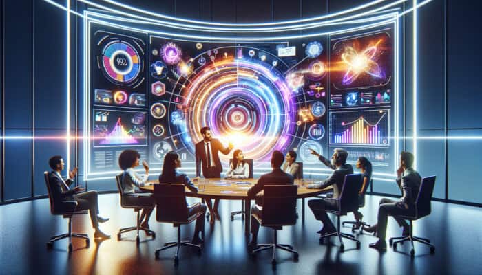 Professionals in smart attire discuss infographic videos in a modern conference room, surrounded by glowing screens showcasing animated charts and vibrant visuals.