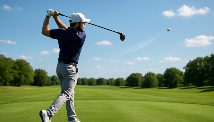 Professional golfer hitting a golf ball with backspin on a lush fairway under a sunny sky.
