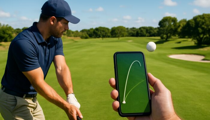 Golfer analysing the spin rate of a ball via a smartphone overlay while mid-swing on a Port Elizabeth course.