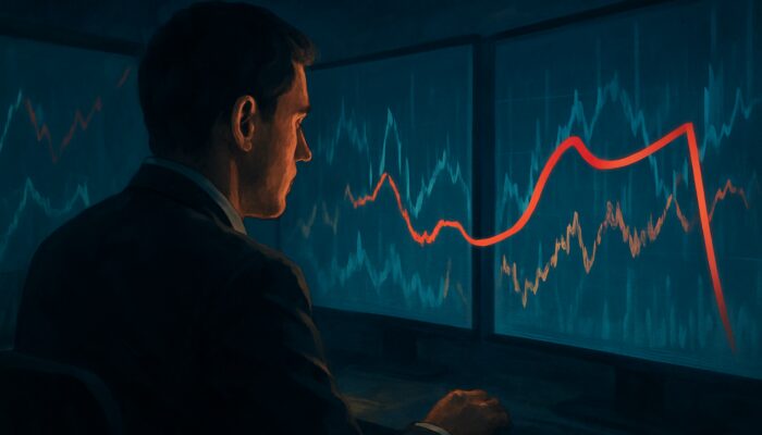 Trader intently observing stock charts in a dimly lit room with a protective trailing red line.