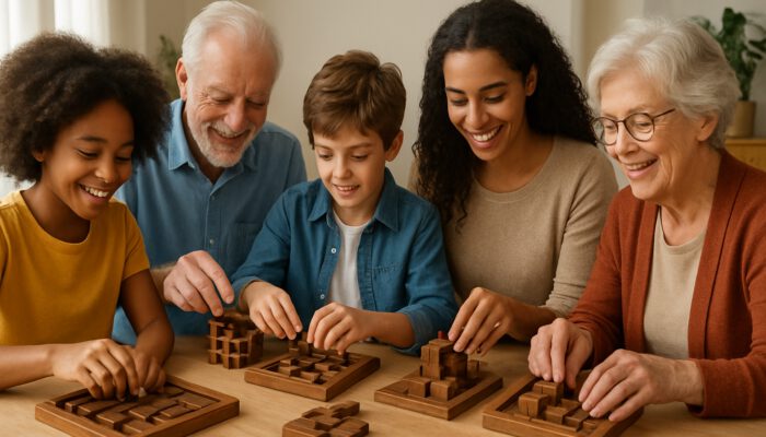 A diverse group of players of all ages joyfully solving Havana Brown puzzles in a bright environment.