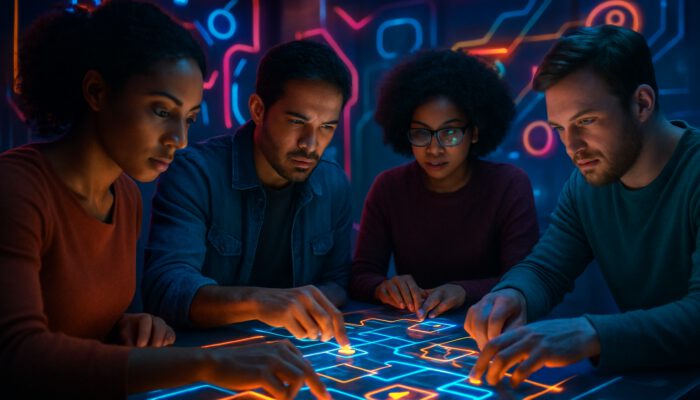 Players from diverse backgrounds solving glowing puzzles in a futuristic Havana Brown intelligence game setting.